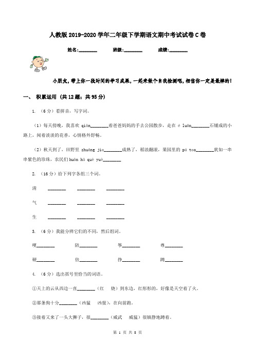 人教版2019-2020学年二年级下学期语文期中考试试卷C卷