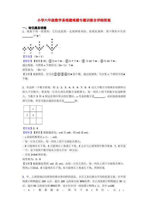 小学六年级数学易错题难题专题训练含详细答案