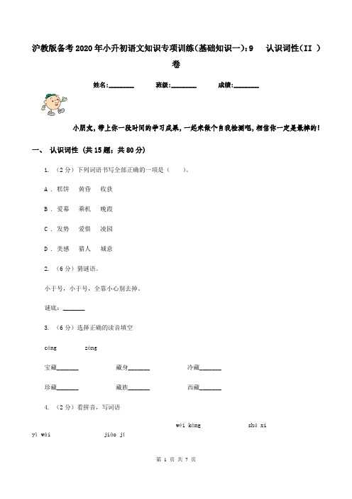 沪教版备考2020年小升初语文知识专项训练(基础知识一)：9   认识词性(II )卷