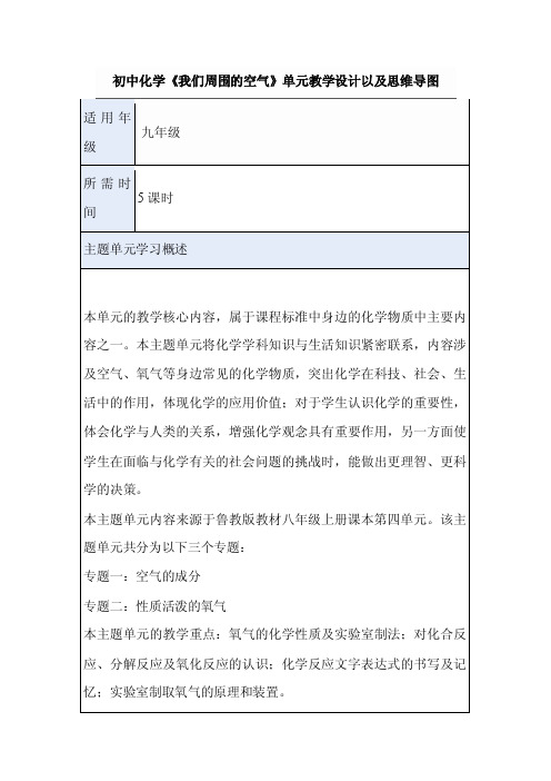 初中化学《我们周围的空气》单元教学设计以及思维导图