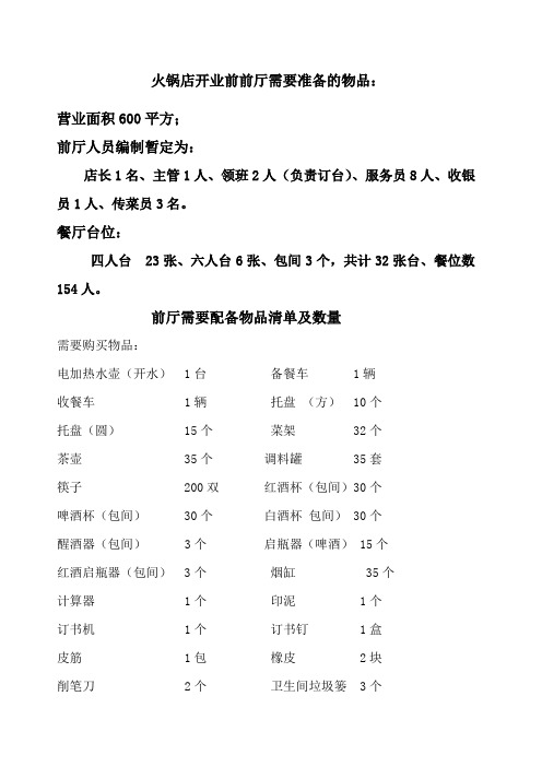 火锅店开业,前厅需要配备物品清单