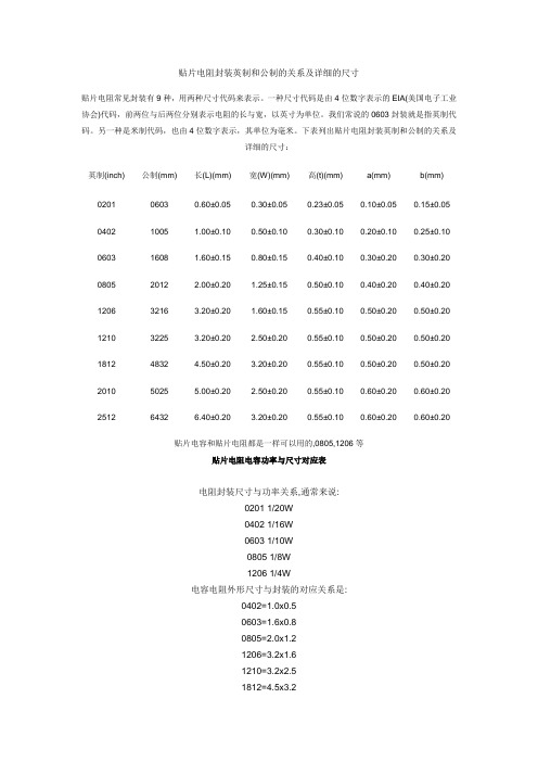 贴片电阻封装英制和公制的关系及详细的尺寸