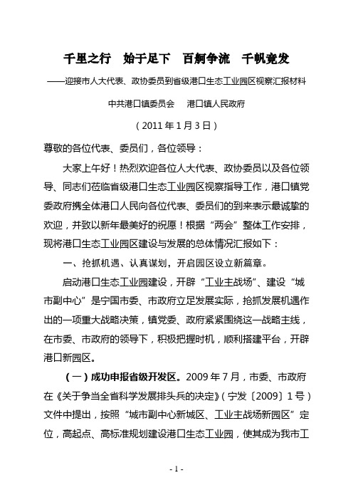 迎接市人大代表、政协委员到省级港口生态工业园视察汇报材料