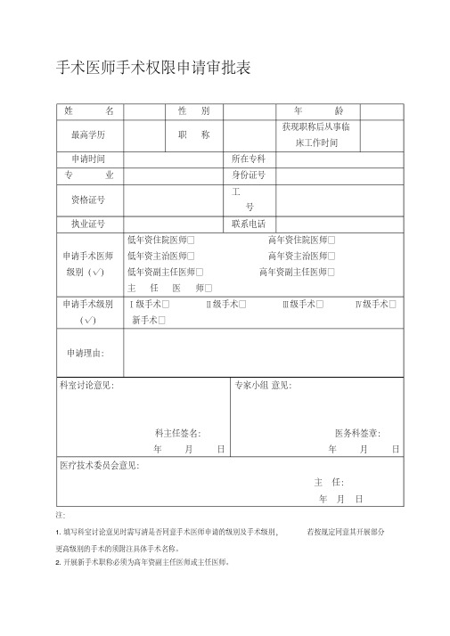 手术权限申请审批表及手术资质授权书