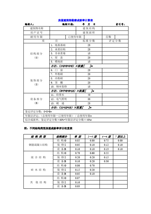 不同结构类型房屋成新率评分权重表