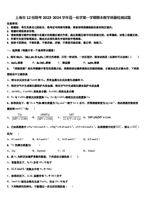 上海市12校联考2023-2024学年高一化学第一学期期末教学质量检测试题含解析