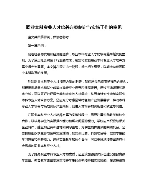 职业本科专业人才培养方案制定与实施工作的意见