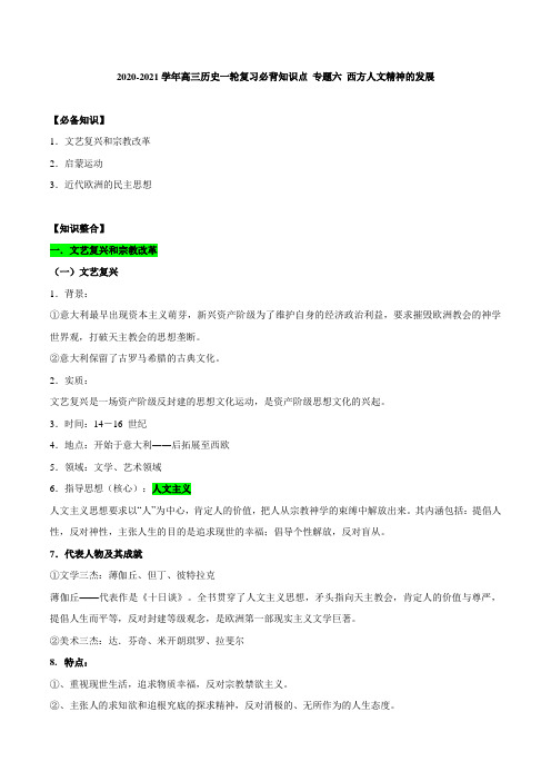 2021年高考历史一轮复习必背知识点 专题六 西方人文精神的发展