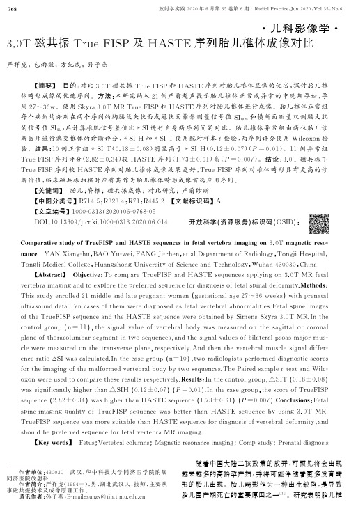 3.0T磁共振True FISP及HASTE序列胎儿椎体成像对比