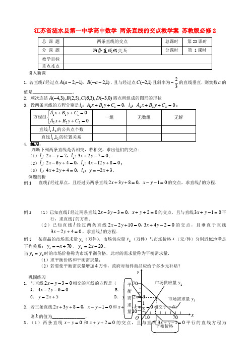 江苏省涟水县第一中学高中数学 两条直线的交点教学案 苏教版必修2