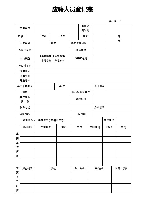 应聘人员登记表全套WORD模板(A4大小打印)