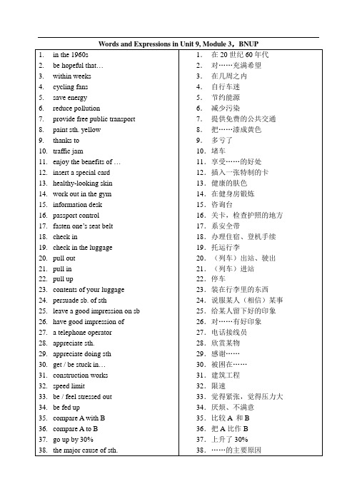 高中英语words and expressions in unit 9, module 3,bnup人教版必修三