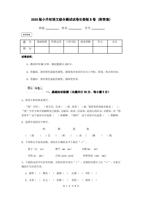 2020版小升初语文综合测试试卷长春版B卷 (附答案)