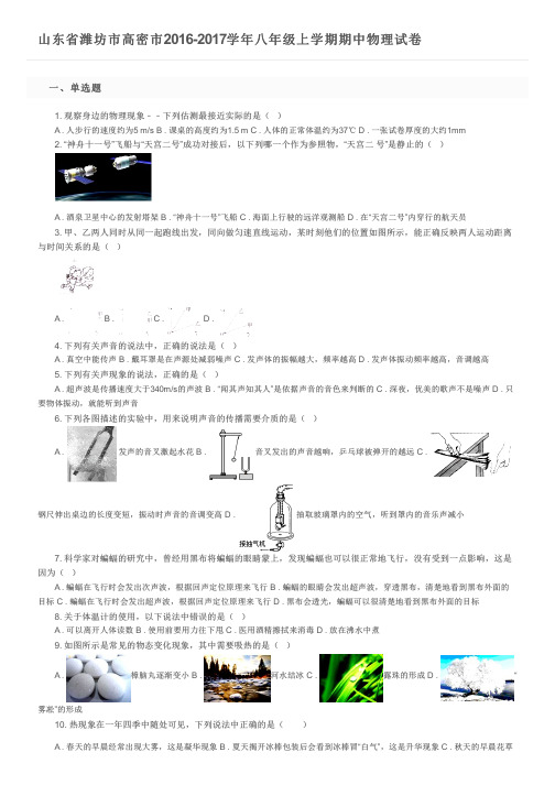 山东省潍坊市高密市2016-2017学年八年级上学期期中物理试卷及参考答案