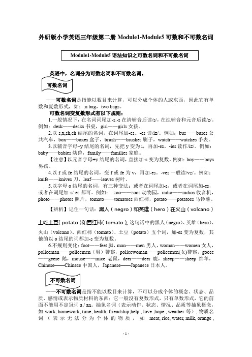 外研版小学英语三年级第二册Module1-Module5可数和不可数名词