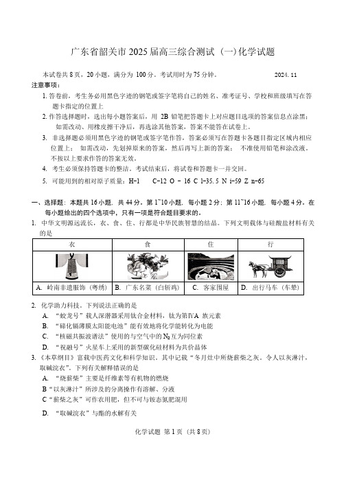 广东省韶关市2025届高三上学期11月综合测试 (一) 化学 含答案