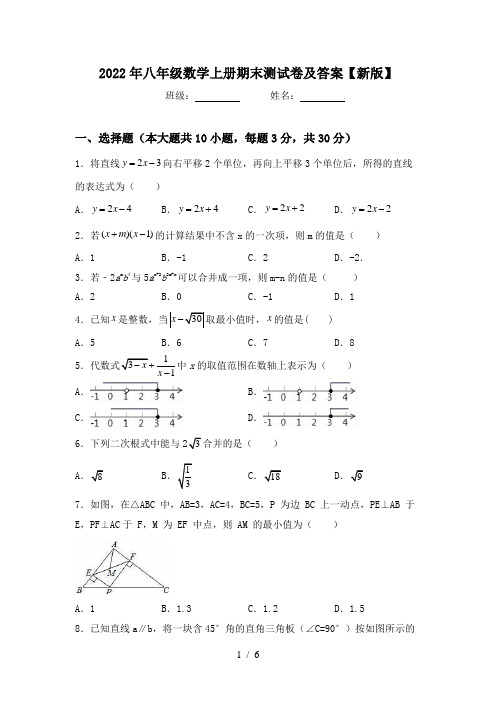 2022年八年级数学上册期末测试卷及答案【新版】