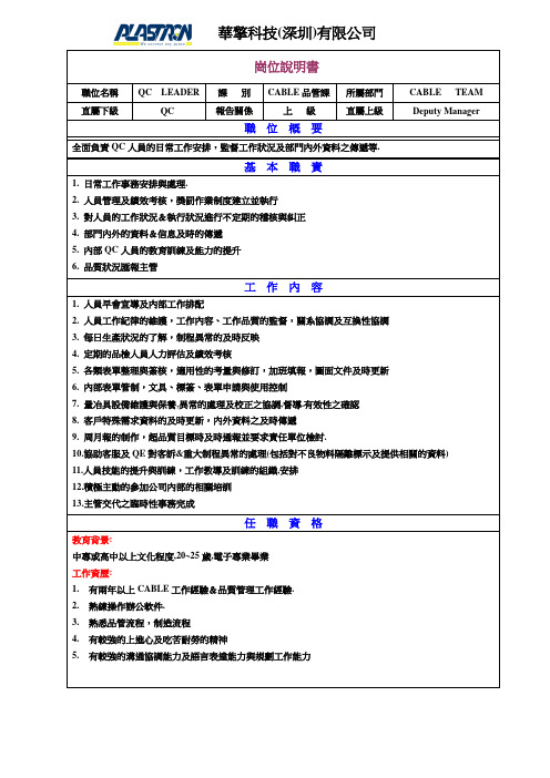 QC LEADER岗位职责说明书