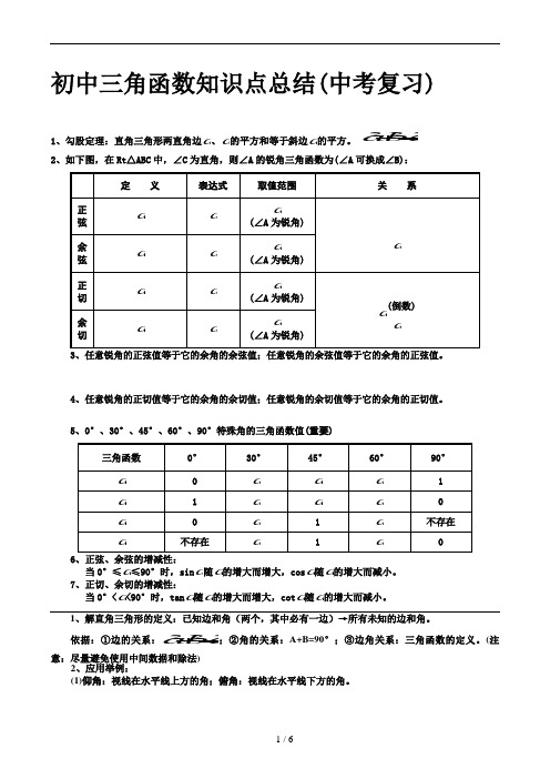 初中三角函数知识点总结(中考复习)