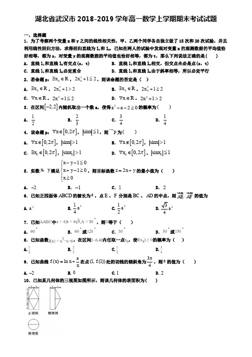 湖北省武汉市2018-2019学年高一数学上学期期末考试试题