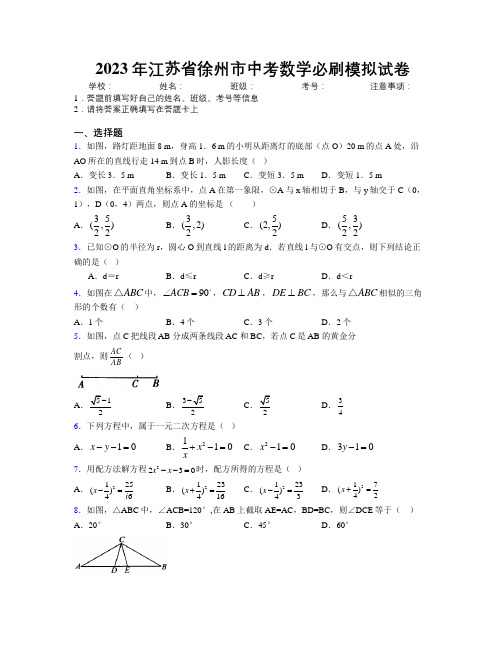 2023年江苏省徐州市中考数学必刷模拟试卷附解析