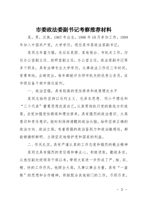 市委政法委副书记考察推荐材料