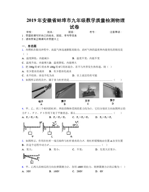 最新2019年安徽省蚌埠市九年级教学质量检测物理试卷及解析