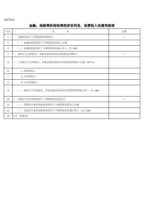 金融、保险等机构取得的涉农利息、保费收入优惠明细表