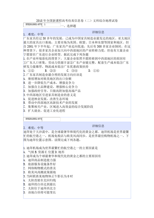 2018年全国新课程高考仿真信息卷(二)文科综合地理试卷