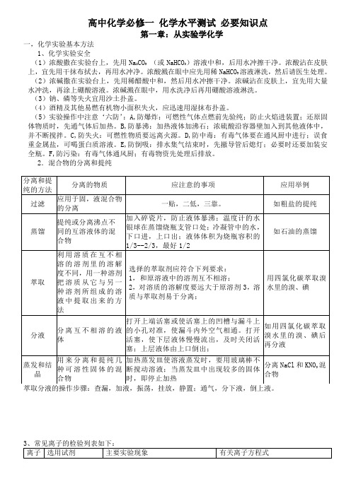 高一化学知识点总结：第一章：从实验学化学