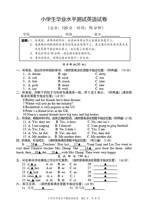 小学生毕业水平测试英语试卷