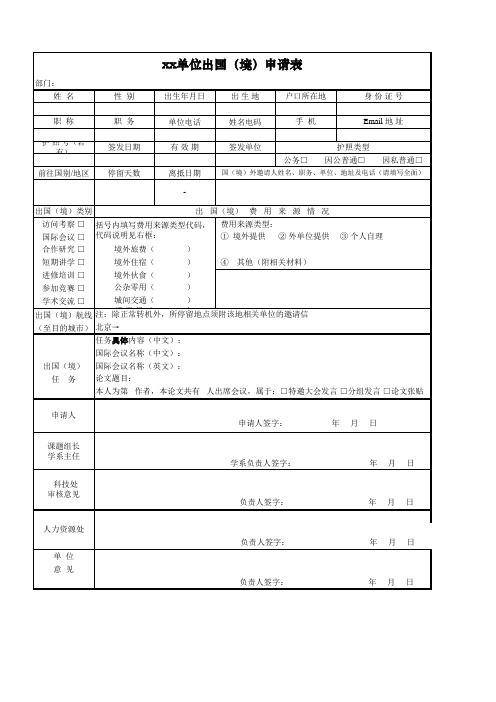 中央国家机关事业单位工作人员临时出国申请表