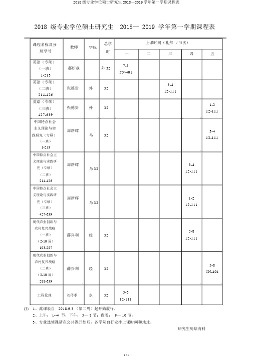 2018级专业学位硕士研究生2018—2019学年第一学期课程表