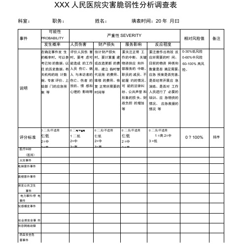 医院灾害脆弱性分析调查表