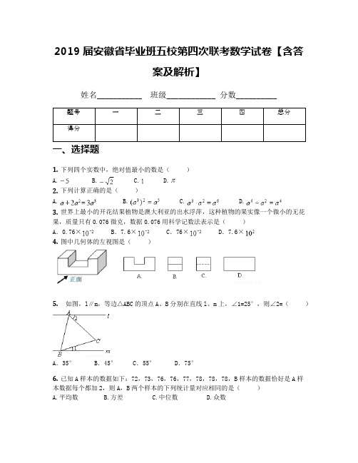 2019届安徽省毕业班五校第四次联考数学试卷【含答案及解析】(1)