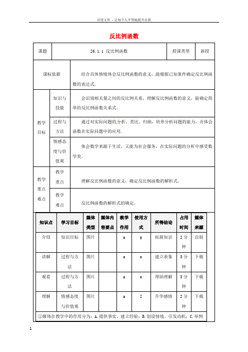 九年级数学下册26_1_1反比例函数教案新版新人教版