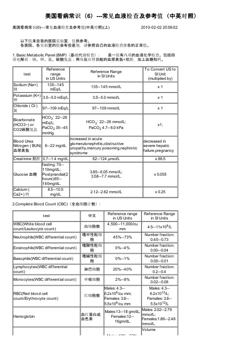 美国看病常识（6）---常见血液检查及参考值（中英对照）