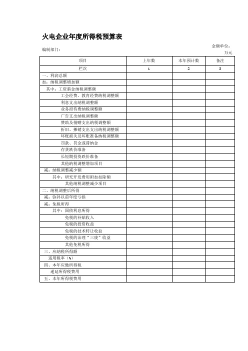 火电企业年度所得税预算表