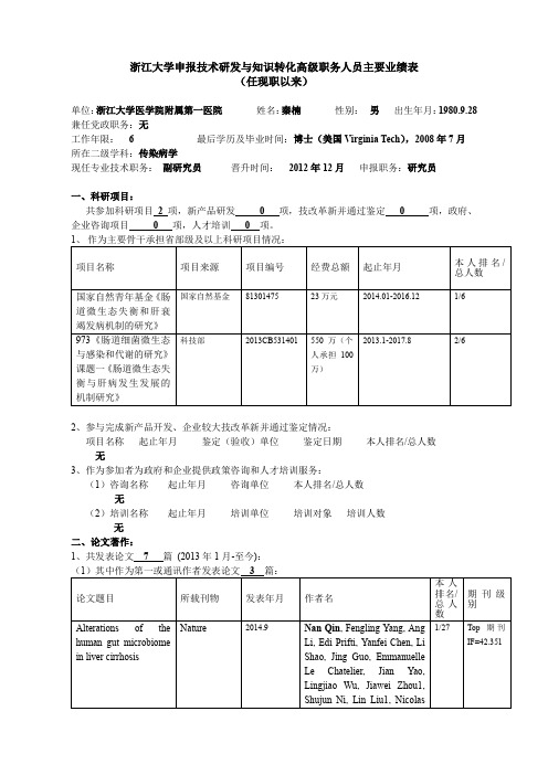 浙江大学申报技术研发与知识转化高级职务人员主要业绩表