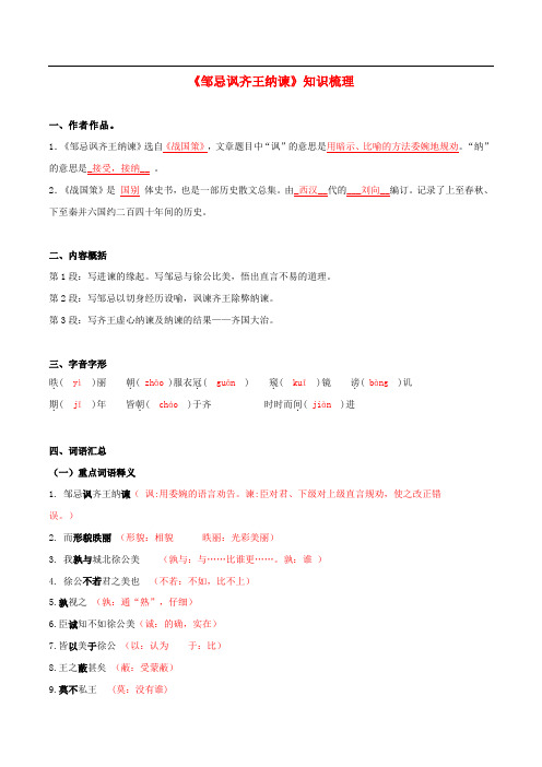 2019-2020学年语文部编版九年级文言文：《邹忌讽齐王纳谏》知识梳理