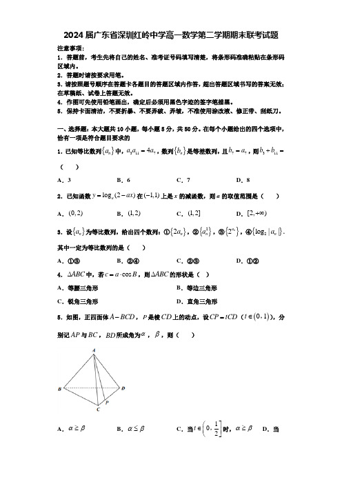 2024届广东省深圳红岭中学高一数学第二学期期末联考试题含解析