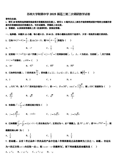 苏州大学附属中学2025届高三第二次调研数学试卷含解析