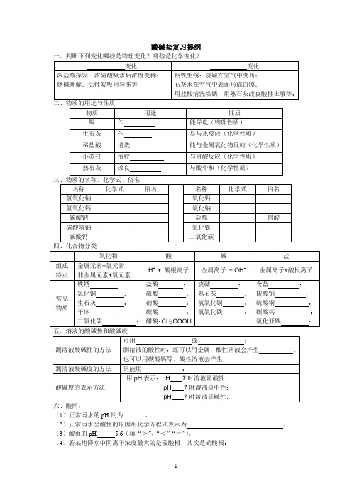 九年级酸碱盐复习提纲