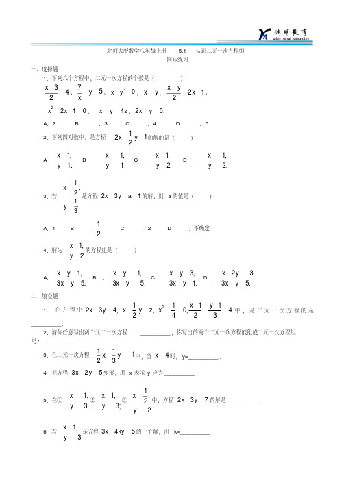 北师大版数学八年级上册5.1认识二元一次方程组同步练习1