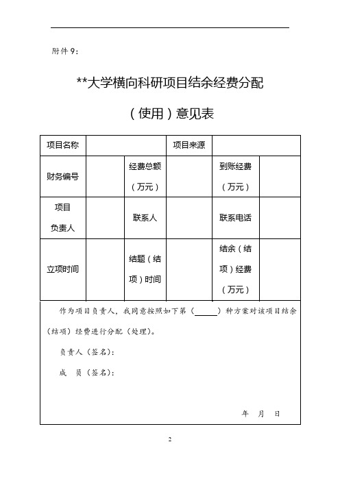 大学横向科研项目结余经费分配(使用)意见表【模板】