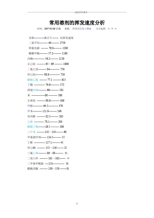 常用溶剂的挥发速度分析精编版