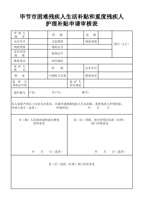 毕节市困难残疾人生活补贴和重度残疾人护理补贴申请审核表