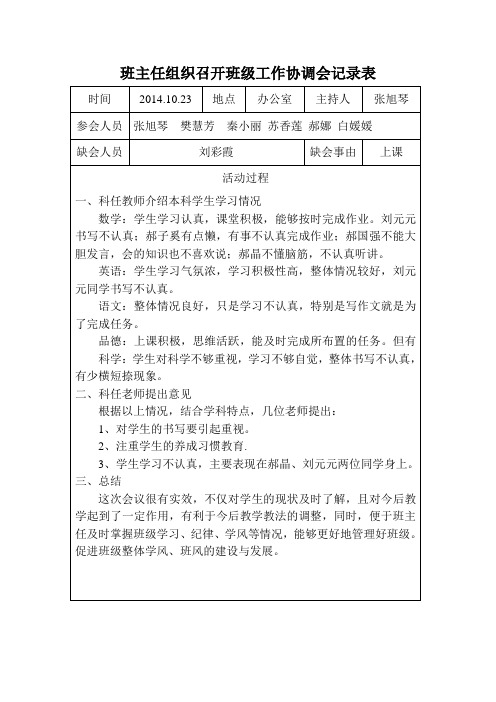 班主任组织召开班级工作协调会记录