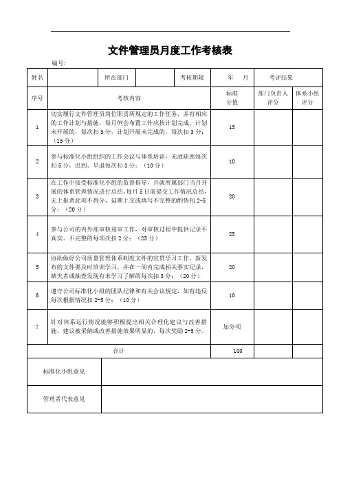 文件管理员月度工作考核表