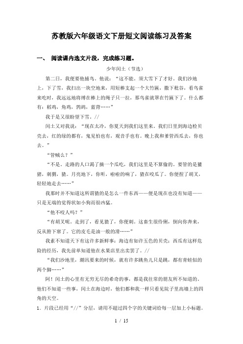 苏教版六年级语文下册短文阅读练习及答案